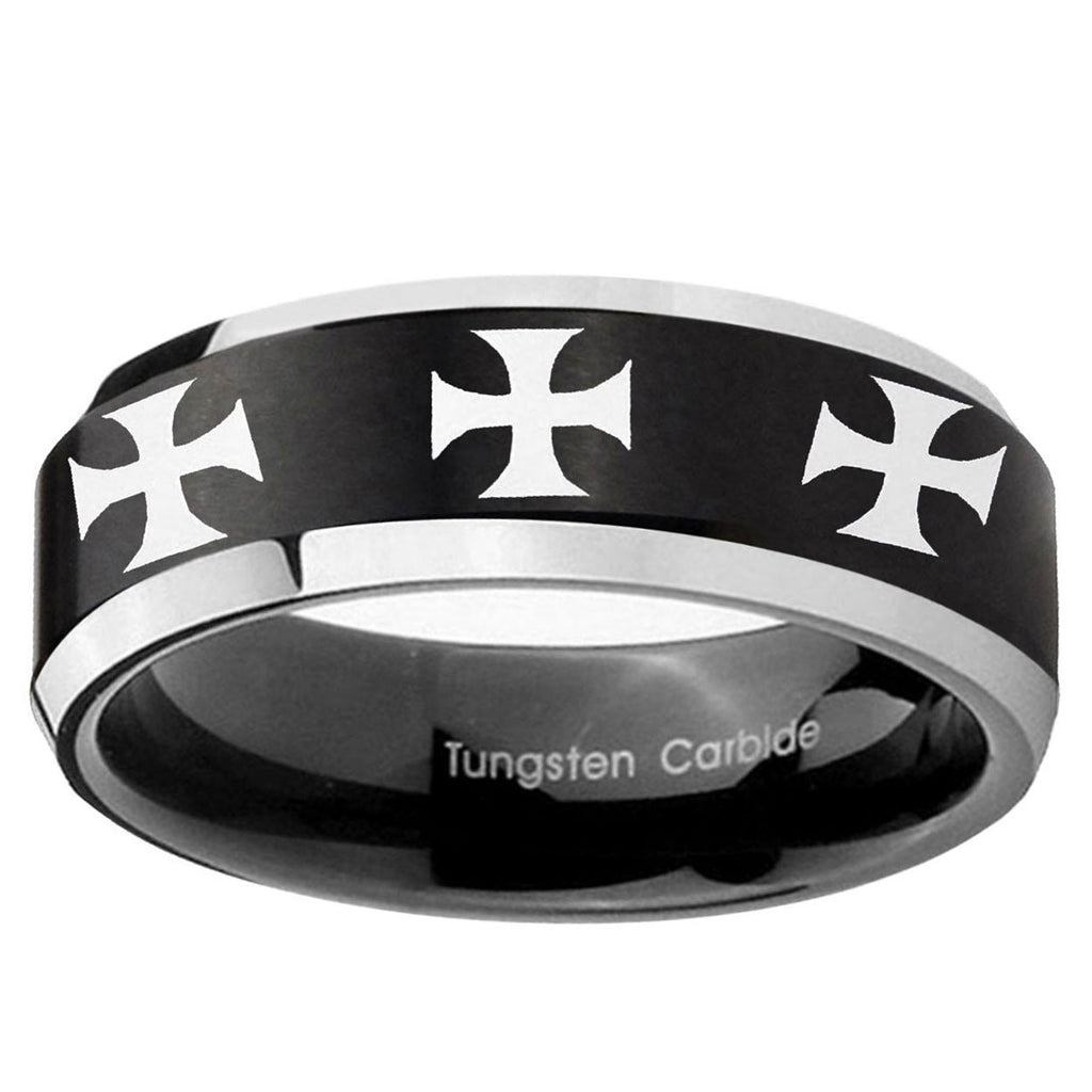 5MM Multiple Maltese Cross Beveled Two Tone Black Tungsten Wedding Band