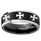 10mm Multiple Maltese Cross Beveled Brush Black 2 Tone Tungsten Ring