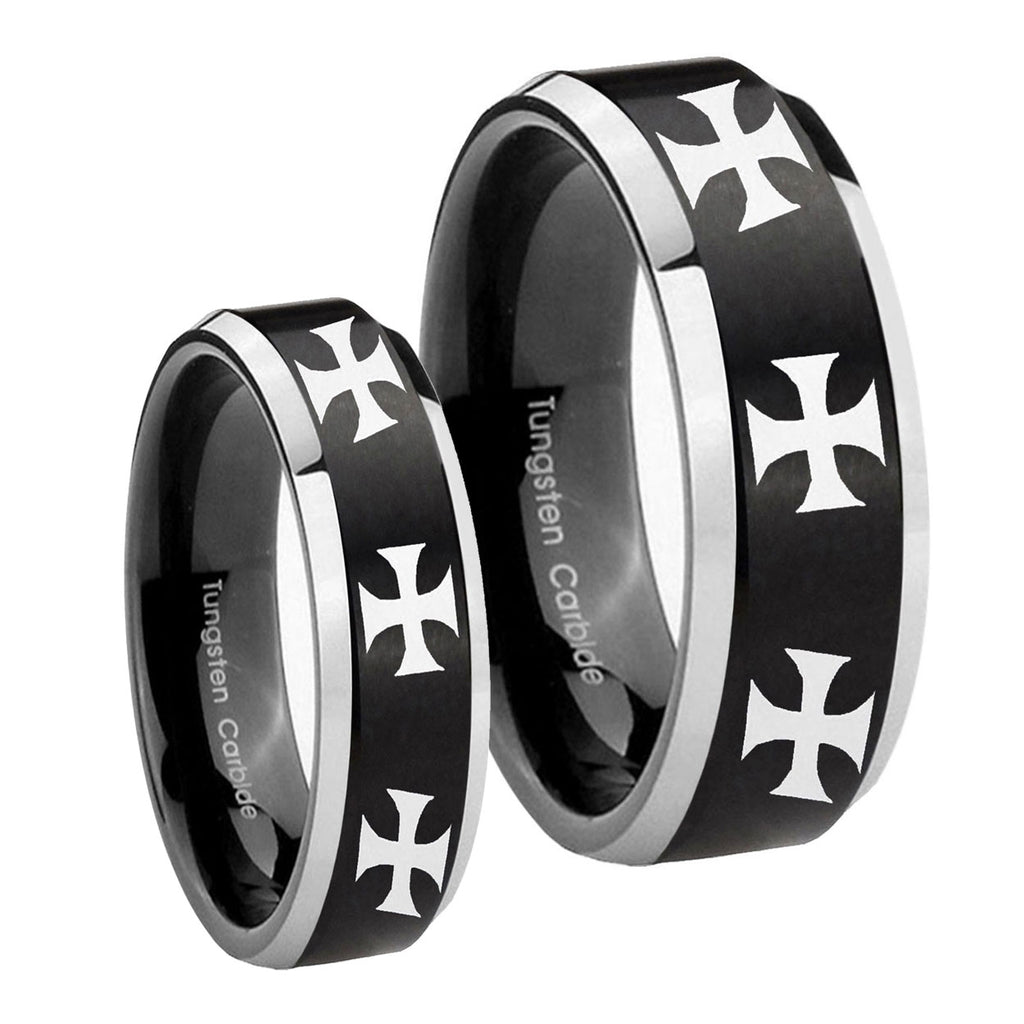 Multiple Maltese Cross Beveled Brush Black 2 Tone Tungsten His And Hers Ring