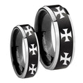 Multiple Maltese Cross Beveled Brush Black 2 Tone Tungsten His And Hers Ring