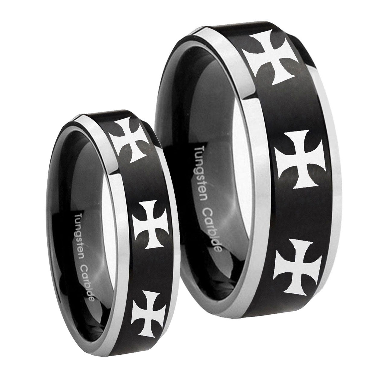 Multiple Maltese Cross Beveled Brush Black 2 Tone Tungsten His And Hers Ring