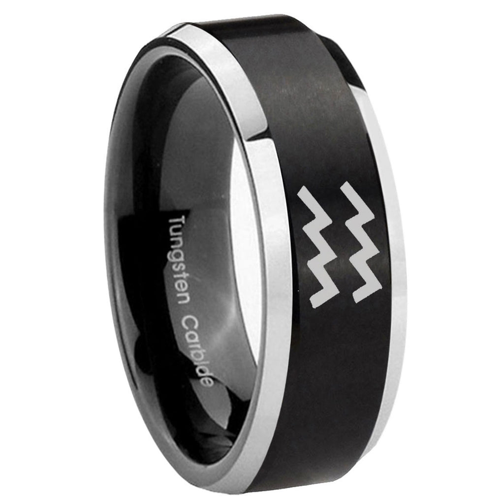 10mm Aquarius Horoscope Beveled Edges Brush Black 2 Tone Tungsten Promise Ring