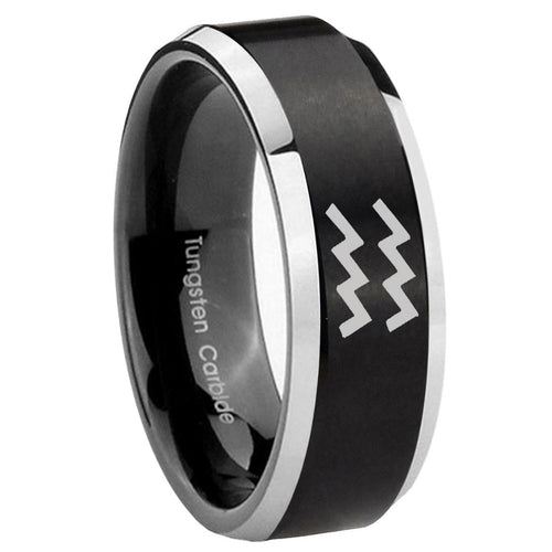 10mm Aquarius Horoscope Beveled Edges Brush Black 2 Tone Tungsten Promise Ring