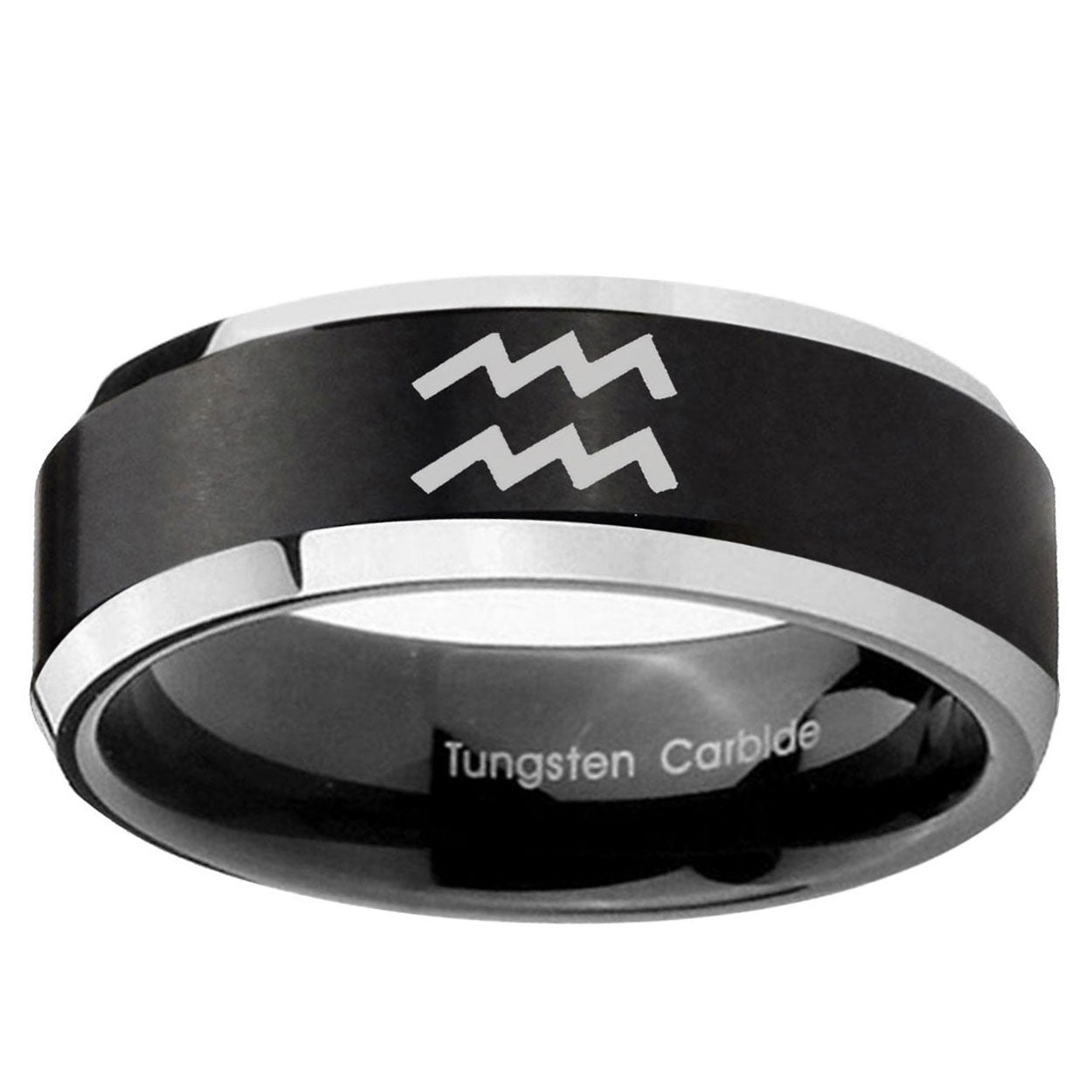 10mm Aquarius Horoscope Beveled Edge Brush Black 2 Tone Tungsten Promise Ring