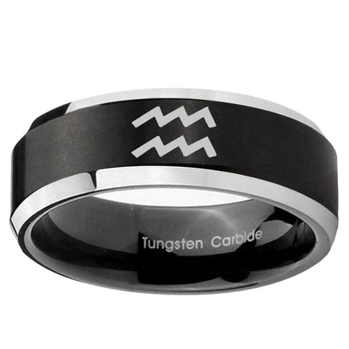 10mm Aquarius Horoscope Beveled Edge Brush Black 2 Tone Tungsten Promise Ring