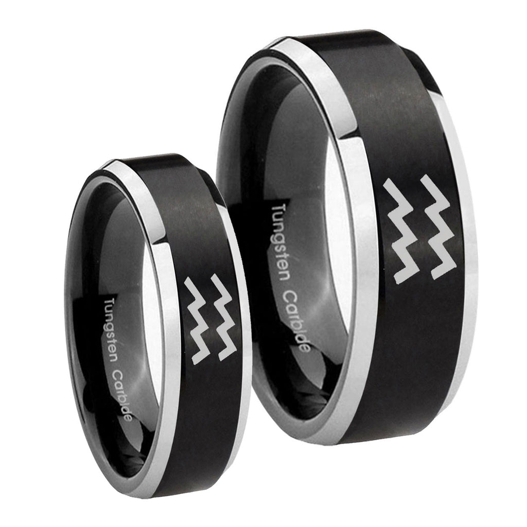 Aquarius Horoscope Beveled Brush Black 2 Tone Tungsten Engagement Ring Set