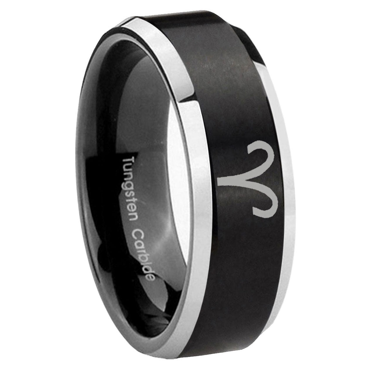 10mm Aries Zodiac Beveled Edges Brush Black 2 Tone Tungsten Rings for Men