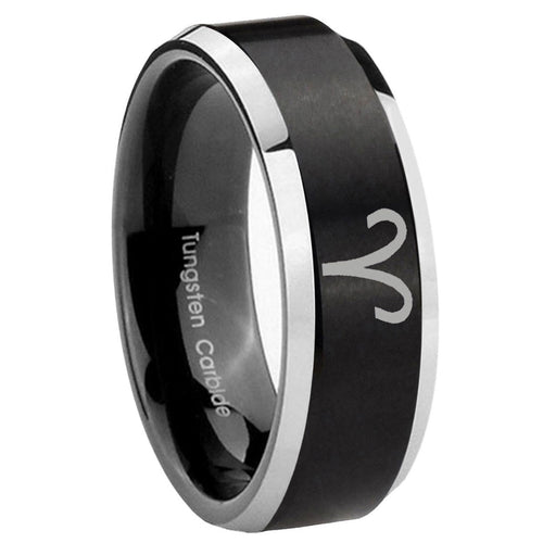 10mm Aries Zodiac Beveled Edges Brush Black 2 Tone Tungsten Rings for Men