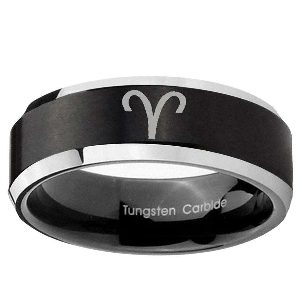 10mm Aries Zodiac Beveled Edge Brush Black 2 Tone Tungsten Rings for Men
