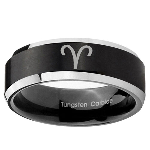10mm Aries Zodiac Beveled Edge Brush Black 2 Tone Tungsten Rings for Men