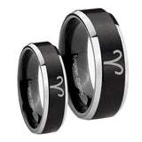 His Hers Aries Zodiac Beveled Edges Brush Black 2 Tone Tungsten Engraved Ring Set