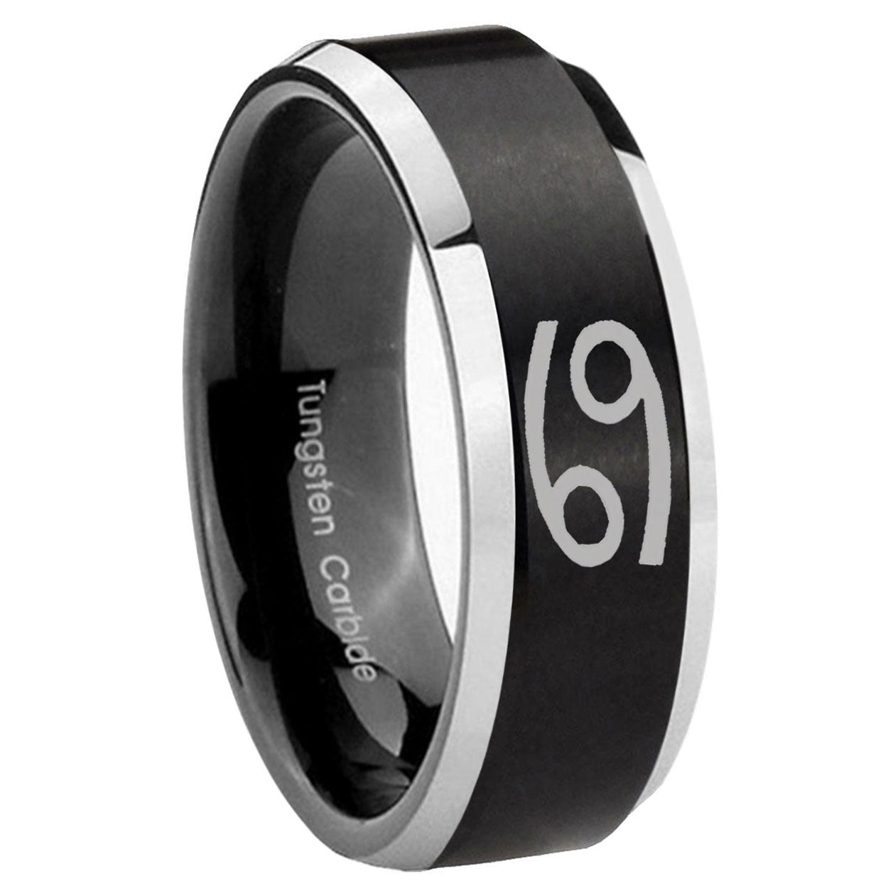 10mm Cancer Horoscope Beveled Brush Black 2 Tone Tungsten Wedding Band Mens