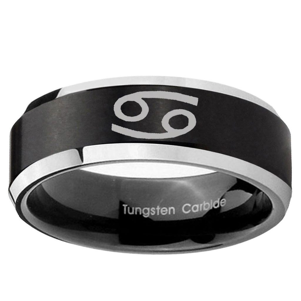 10mm Cancer Horoscope Beveled Brush Black 2 Tone Tungsten Wedding Band Mens