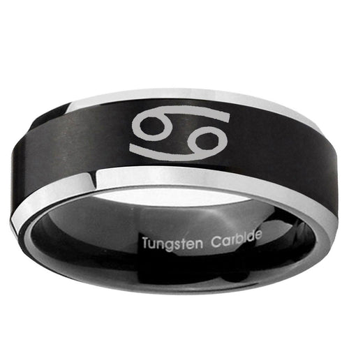 10mm Cancer Horoscope Beveled Brush Black 2 Tone Tungsten Wedding Band Mens