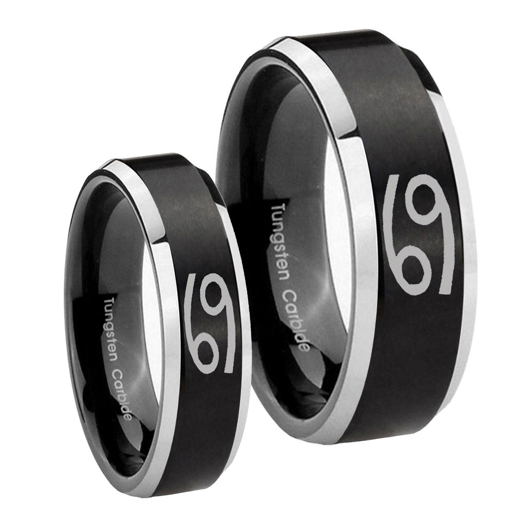 Cancer Horoscope Beveled Brush Black 2 Tone Tungsten Bridal Ring Set