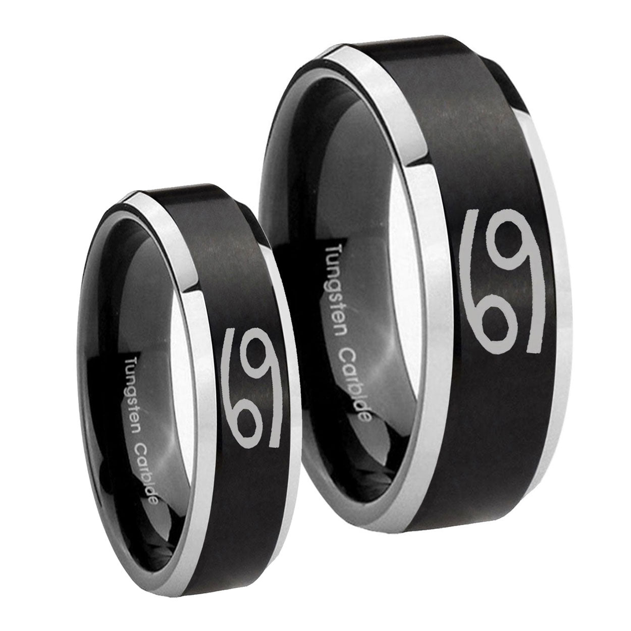 Cancer Horoscope Beveled Brush Black 2 Tone Tungsten Bridal Ring Set