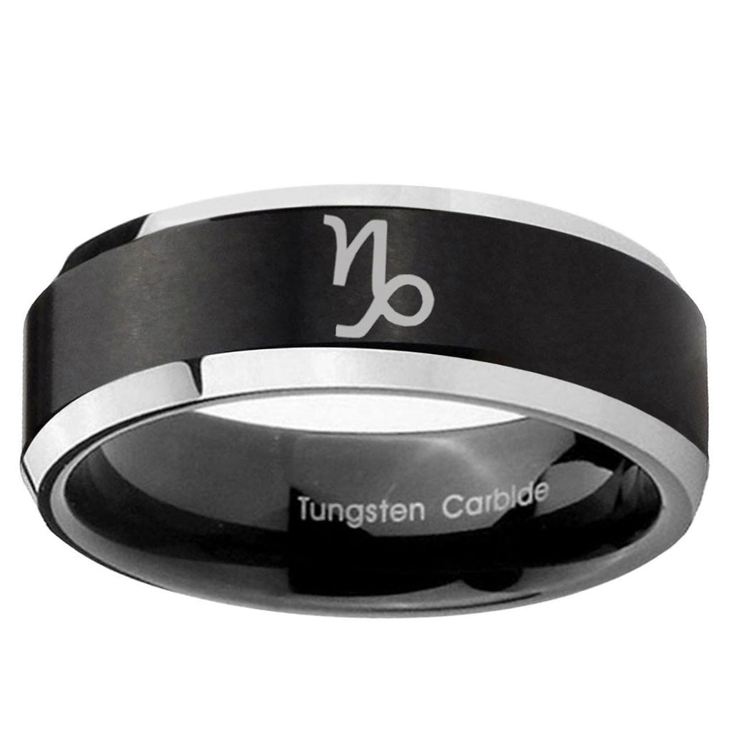10mm Capricorn Zodiac Beveled Brush Black 2 Tone Tungsten Ring