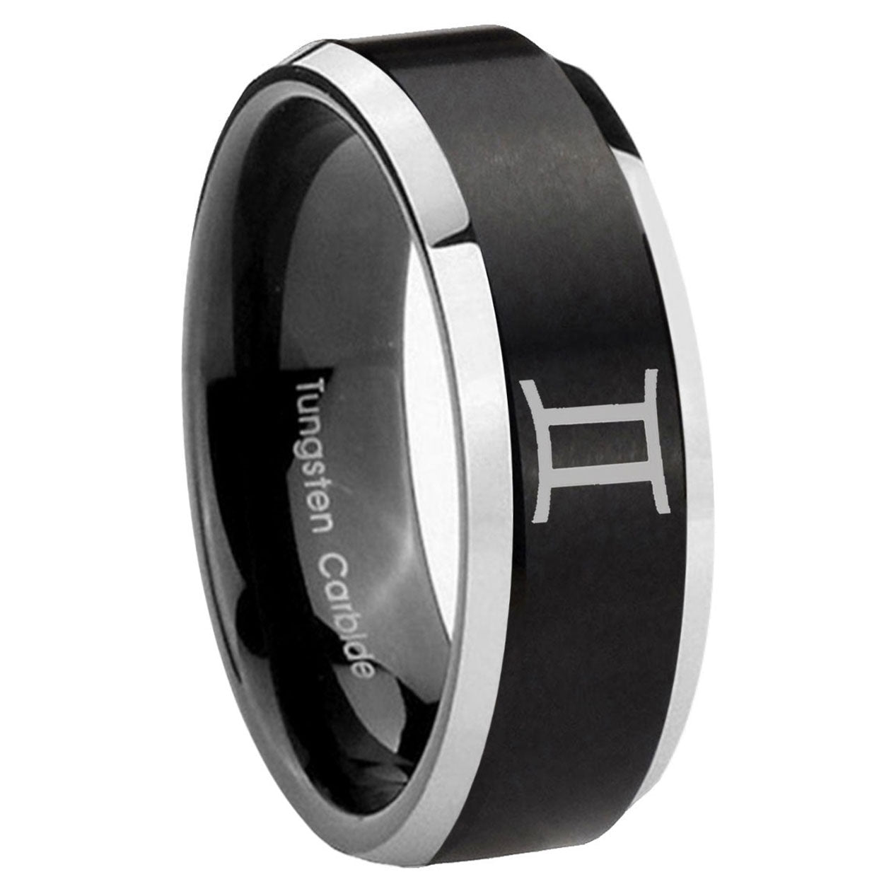 10mm Gemini Zodiac Beveled Edges Brush Black 2 Tone Tungsten Wedding Bands Ring