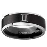 5, 8mm Gemini Zodiac Beveled Edge Brush Black 2 Tone Tungsten Engraved Ring