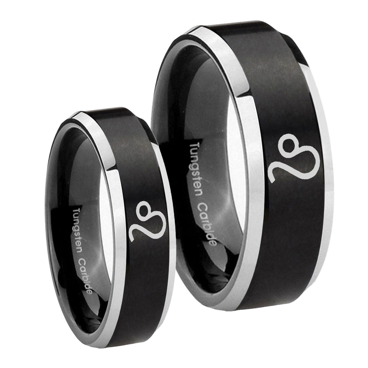 Leo Zodiac Beveled Edges Brush Black 2 Tone Tungsten Mens Ring Set