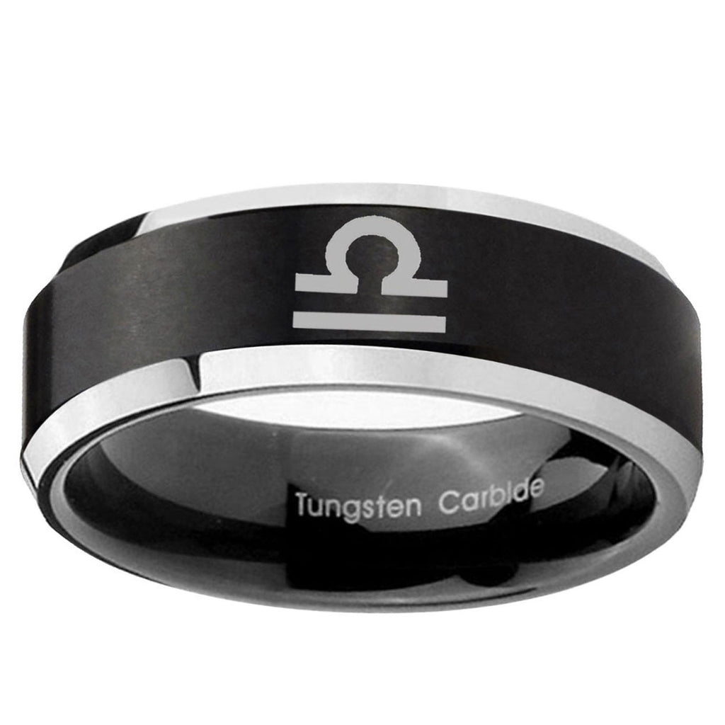 10mm Libra Horoscope Beveled Brush Black 2 Tone Tungsten Wedding Engraving Ring