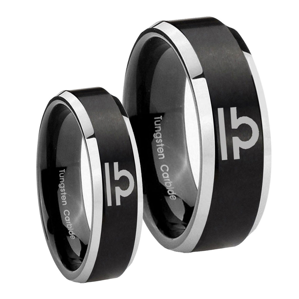 Libra Horoscope Beveled Brush Black 2 Tone Tungsten Mens Band Set