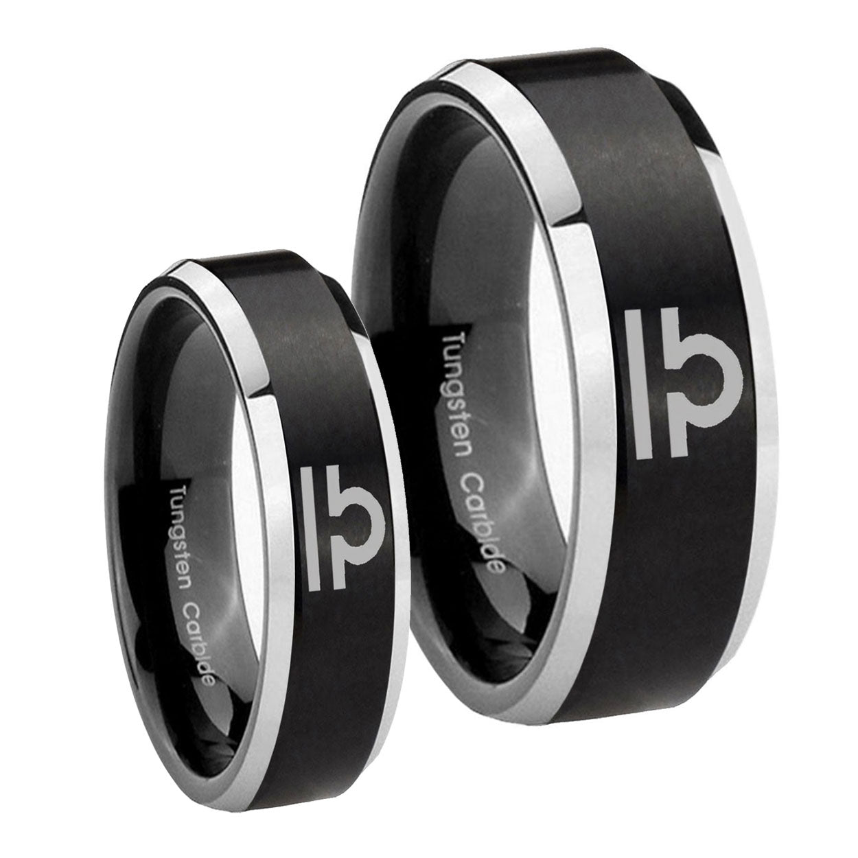 Libra Horoscope Beveled Brush Black 2 Tone Tungsten Mens Band Set