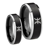 His Hers Pisces Zodiac Beveled Brush Black 2 Tone Tungsten Men's Band Set
