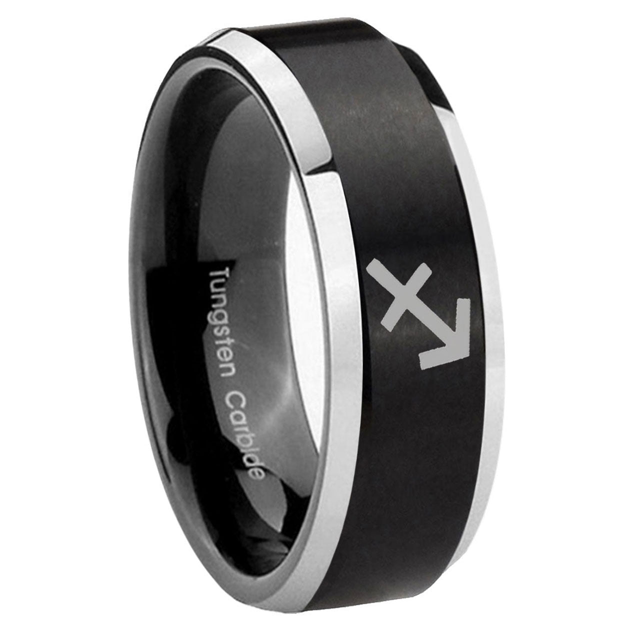 8MM Sagittarius Zodiac Beveled Two Tone Black Tungsten Ring For Him