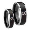 Taurus Horoscope Beveled Brush Black 2 Tone Tungsten Wedding Band Set