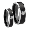 Virgo Zodiac Beveled Brush Black 2 Tone Tungsten Wedding Ring Set