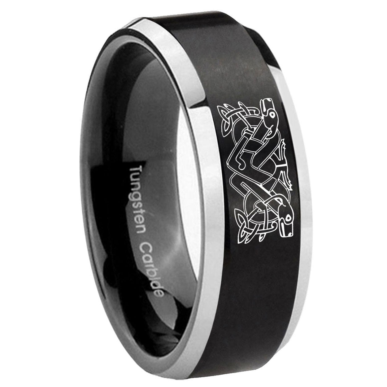 10mm Celtic Dog Beveled Brush Black 2 Tone Tungsten Mens Ring Engraved