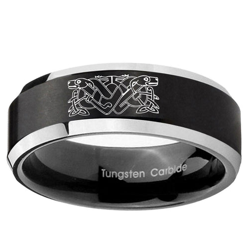 10mm Celtic Dog Beveled Brush Black 2 Tone Tungsten Ring