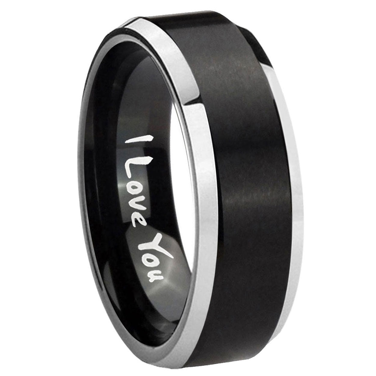 8MM I Love You Beveled Two Tone Black Tungsten Ring For Men