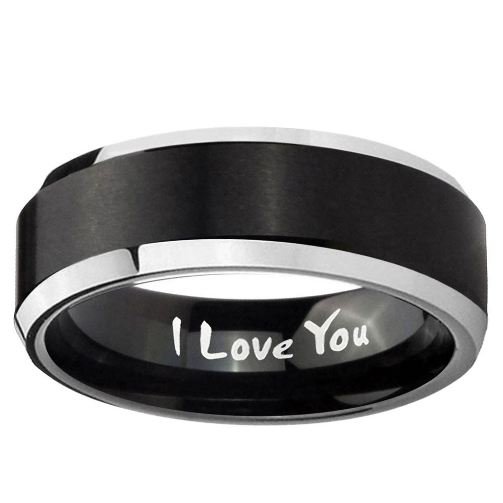 5MM I Love You Beveled Two Tone Black Tungsten Ring For Men