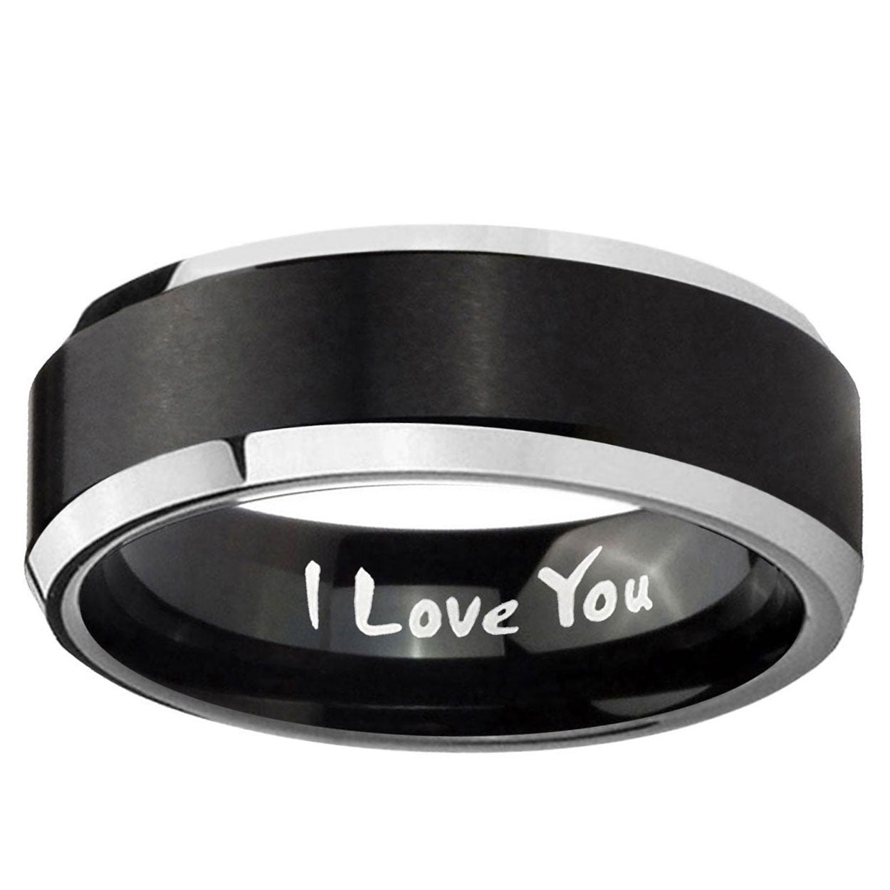 5MM I Love You Beveled Two Tone Black Tungsten Ring For Men