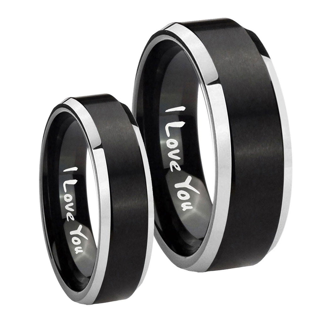 I Love You Beveled Brush Black 2 Tone Tungsten Bridal Set Rings