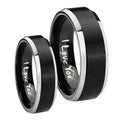 I Love You Beveled Brush Black 2 Tone Tungsten Bridal Set Rings