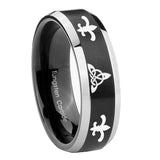 8mm-Celtic-Triangle-Fleur-De-Lis-Beveled-Brush-Black-2-Tone-Tungsten-Men's-Ring