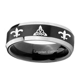 10mm-Celtic-Triangle-Fleur-De-Lis-Beveled-Brush-Black-2-Tone-Tungsten-Men's-Ring