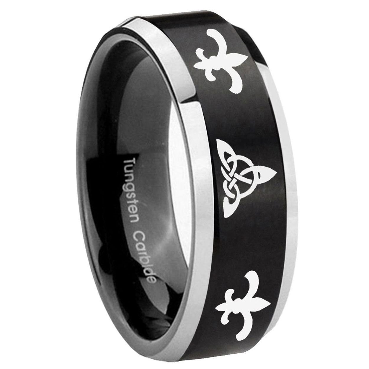 10mm Celtic Triangle Fleur Delis Beveled Brush Black 2 Tone Tungsten Men's Ring