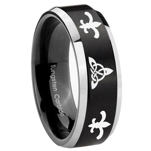 10mm Celtic Triangle Fleur Delis Beveled Brush Black 2 Tone Tungsten Men's Ring