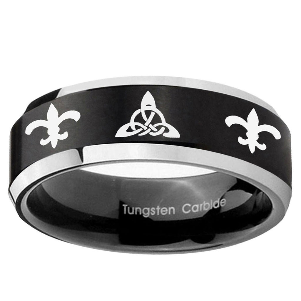 10mm Celtic Triangle Fleur-De-Lis Beveled Brush Black 2 Tone Tungsten Men's Ring