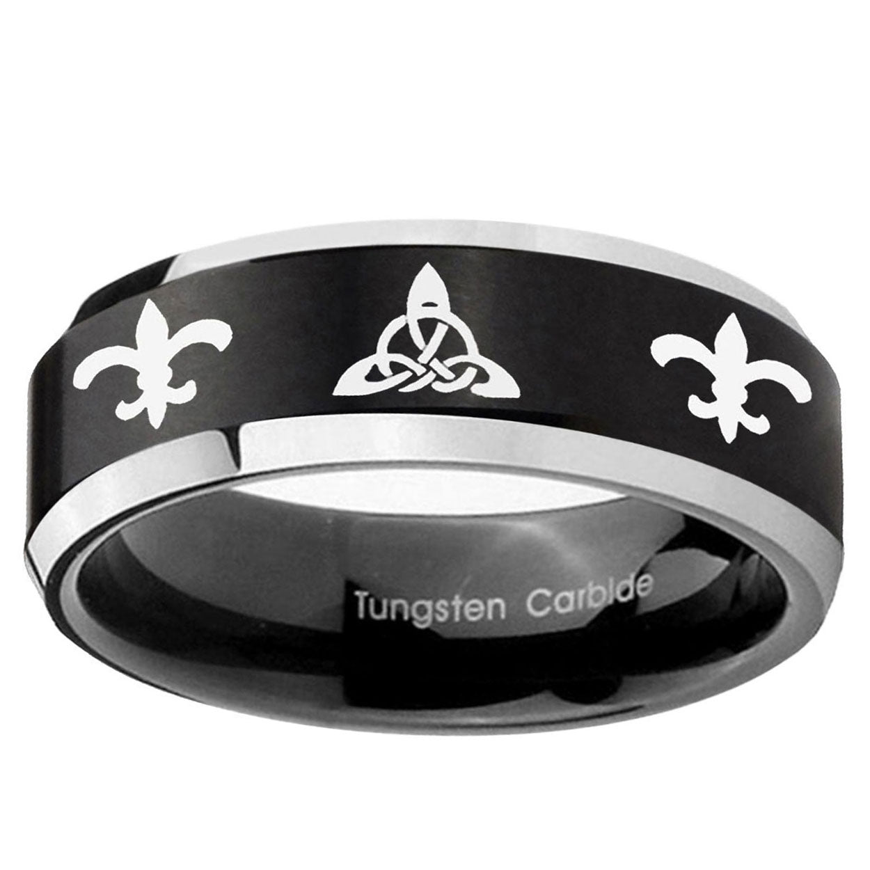 10mm Celtic Triangle Fleur-De-Lis Beveled Brush Black 2 Tone Tungsten Men's Ring