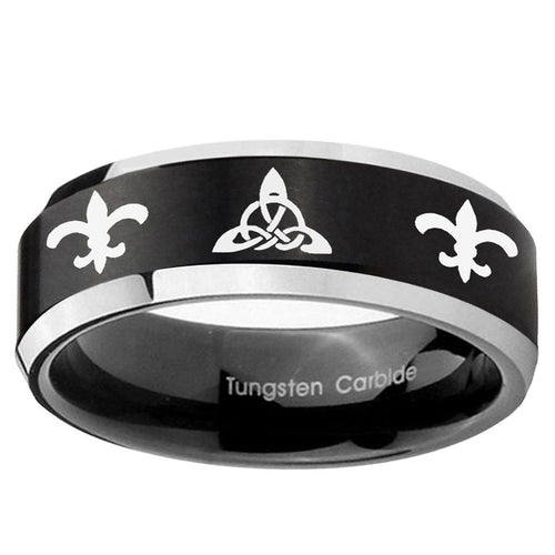 10mm Celtic Triangle Fleur-De-Lis Beveled Brush Black 2 Tone Tungsten Men's Ring