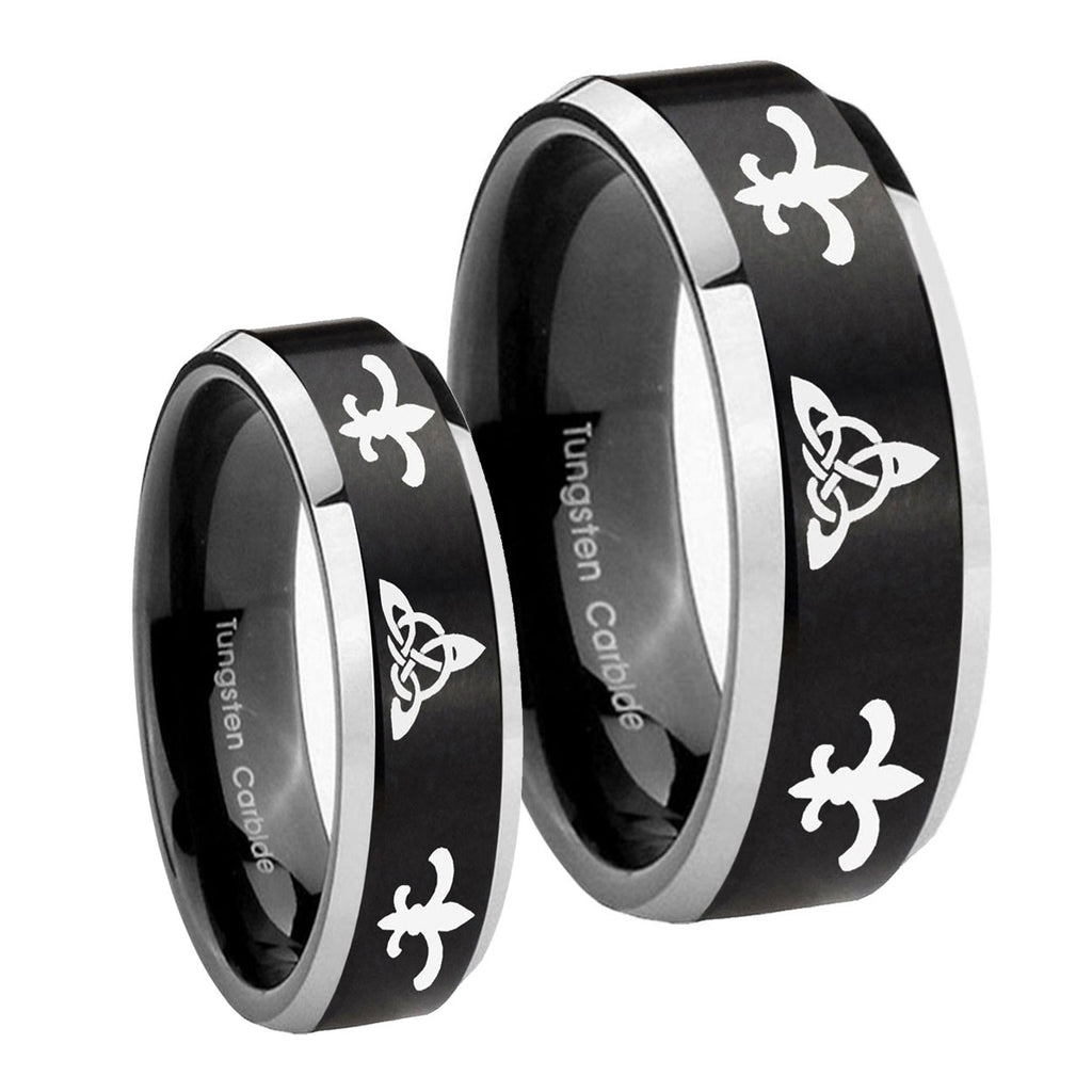 Celtic Triangle Fleur De Lis Beveled Brush Black 2 Tone Tungsten Bridal Ring Sets