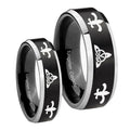 Celtic Triangle Fleur De Lis Beveled Brush Black 2 Tone Tungsten Bridal Ring Sets