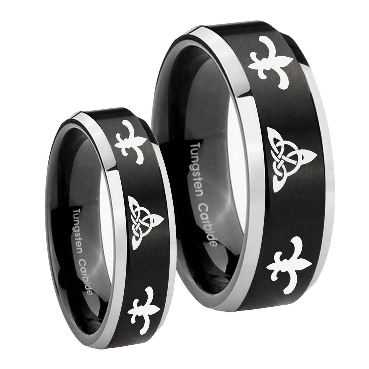 Celtic Triangle Fleur De Lis Beveled Brush Black 2 Tone Tungsten Bridal Ring Sets