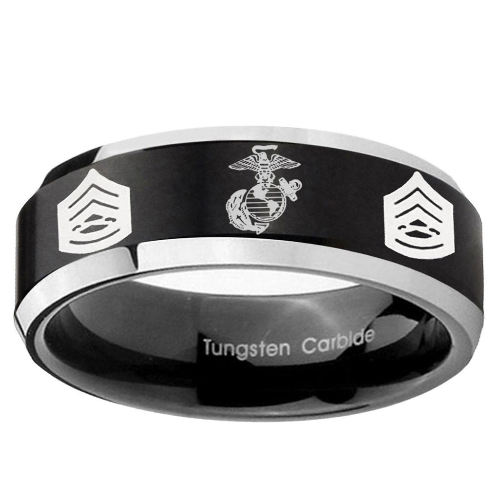 10mm Marine Army Sergeant Beveled Brush Black 2 Tone Tungsten Ring