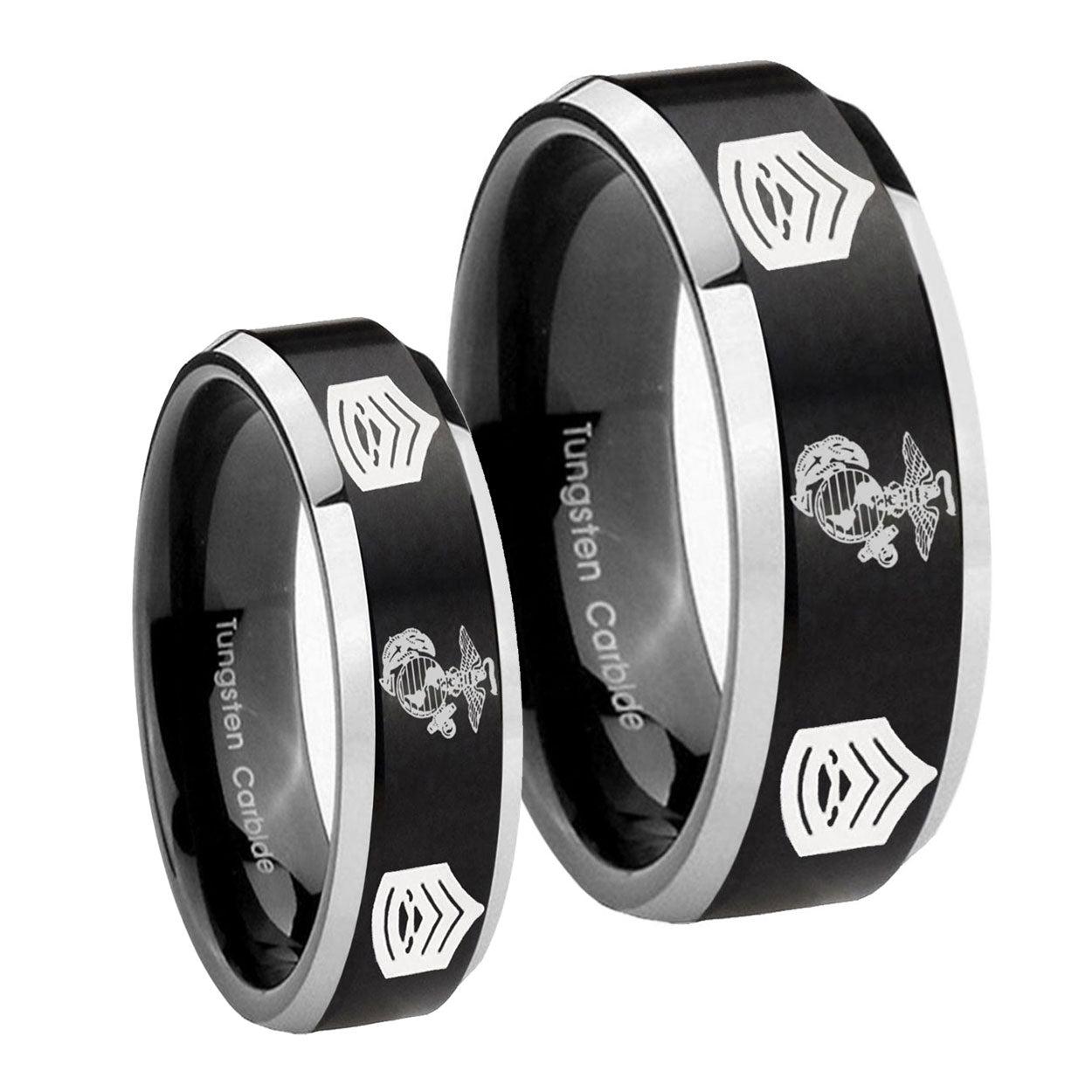 Marine Army Sergeant Beveled Brush Black 2 Tone Tungsten Wedding Set Ring